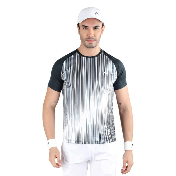 HEAD HCD‑383 Men’s Round‑Neck Sports T‑Shirt – Moisture‑Wicking Dot‑Knit Polyester with Digital Graphic Print (Charcoal/White)