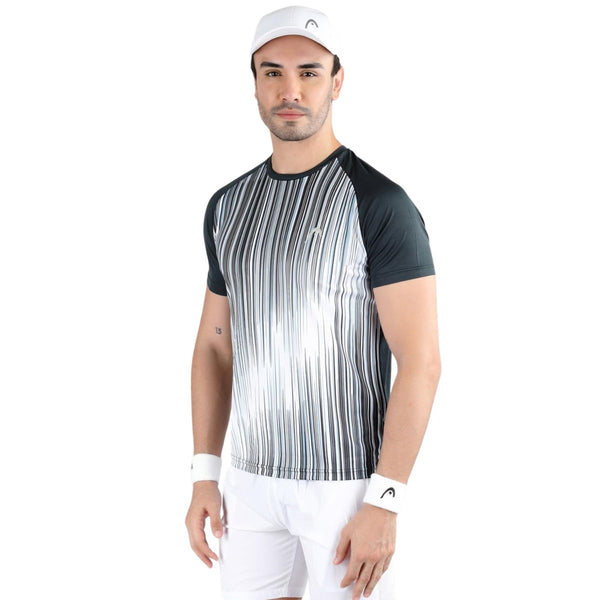 HEAD HCD‑383 Men’s Round‑Neck Sports T‑Shirt – Moisture‑Wicking Dot‑Knit Polyester with Digital Graphic Print (Charcoal/White)