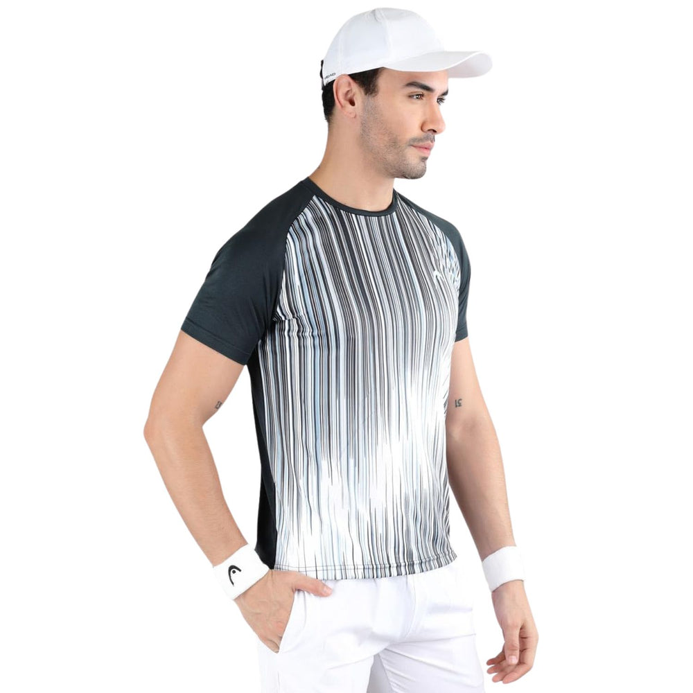 HEAD HCD‑383 Men’s Round‑Neck Sports T‑Shirt – Moisture‑Wicking Dot‑Knit Polyester with Digital Graphic Print (Charcoal/White) - Best Price online Prokicksports.com