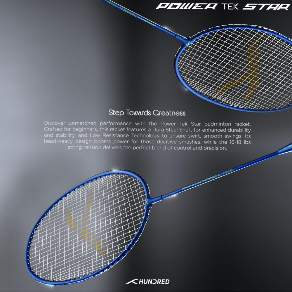 Hundred Powertek Star Strung Badminton Set (Pack of 2 Racquets) | Lightweight Aluminium Frame with Pre-Strung Strings, Full Cover & Shuttlecock Combo for Beginners - Best Price online Prokicksports.com