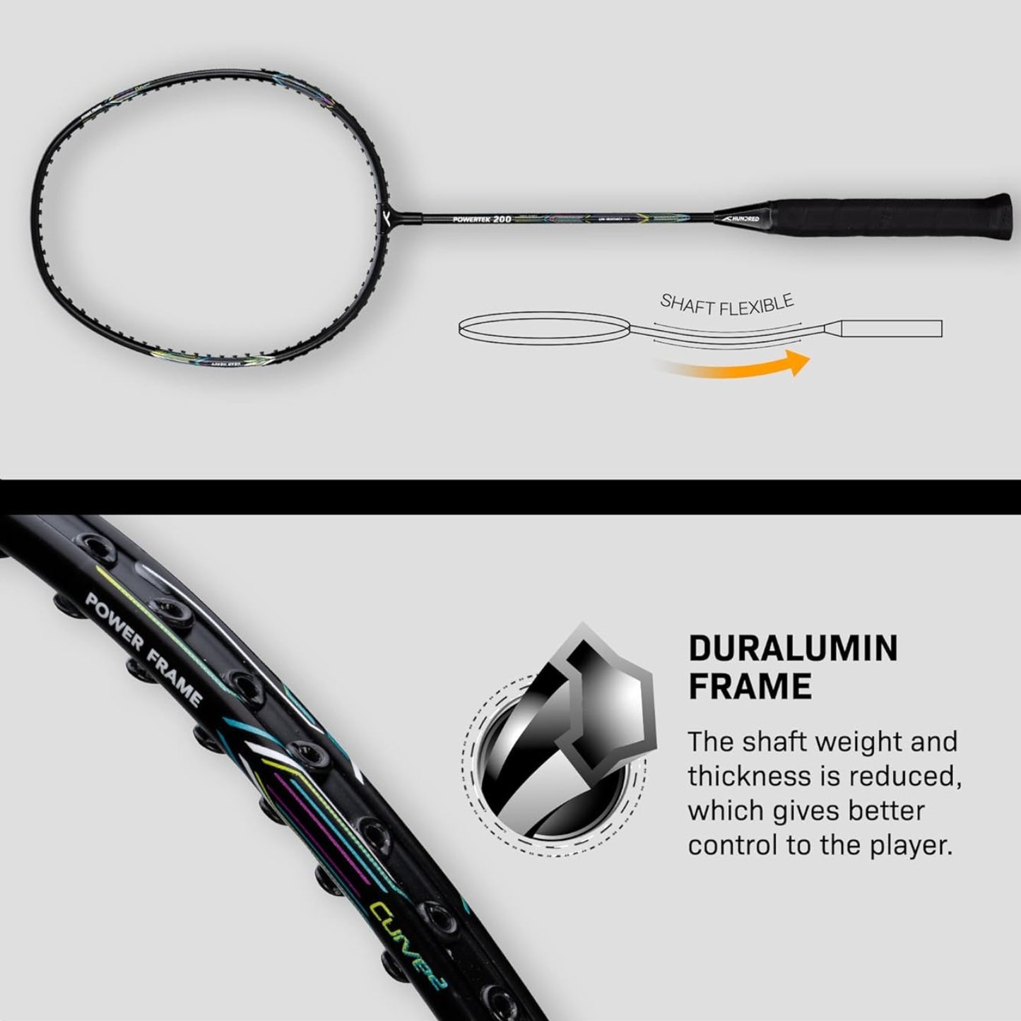 HUNDRED Powertek 200 Strung Badminton Racquet | Lightweight 95g | Head-Heavy Balance | Flexible Shaft | G5 Grip | Ideal for Intermediate Players - Best Price online Prokicksports.com