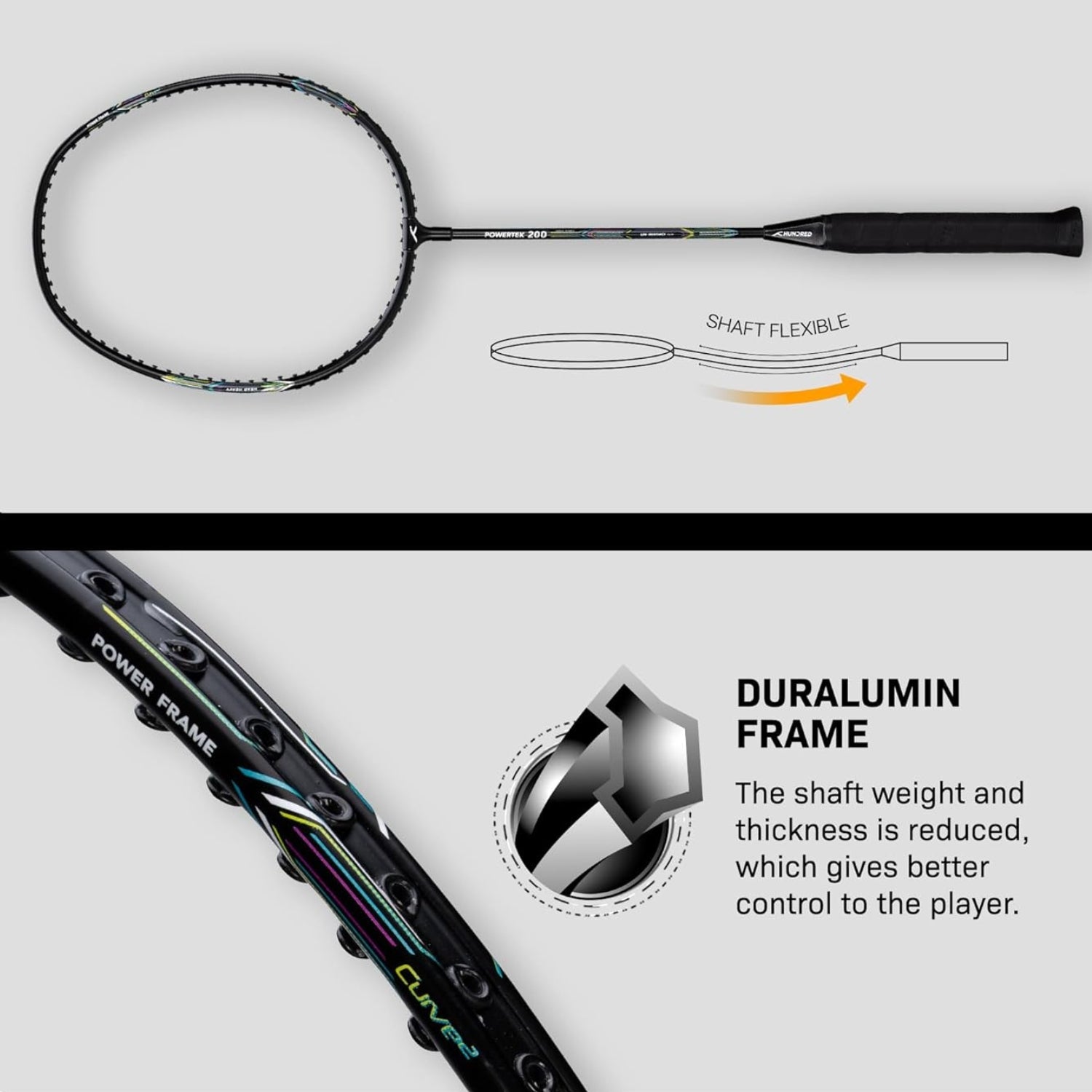 HUNDRED Powertek 200 Strung Badminton Racquet | Lightweight 95g | Head-Heavy Balance | Flexible Shaft | G5 Grip | Ideal for Intermediate Players - Best Price online Prokicksports.com