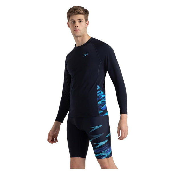 Speedo AM Performance Printed Swimactive Long Sleeve Suntop – Men UV Protection Swim Top, Quick Dry Stretch Rashguard, True Navy Blue/Cobalt Pop