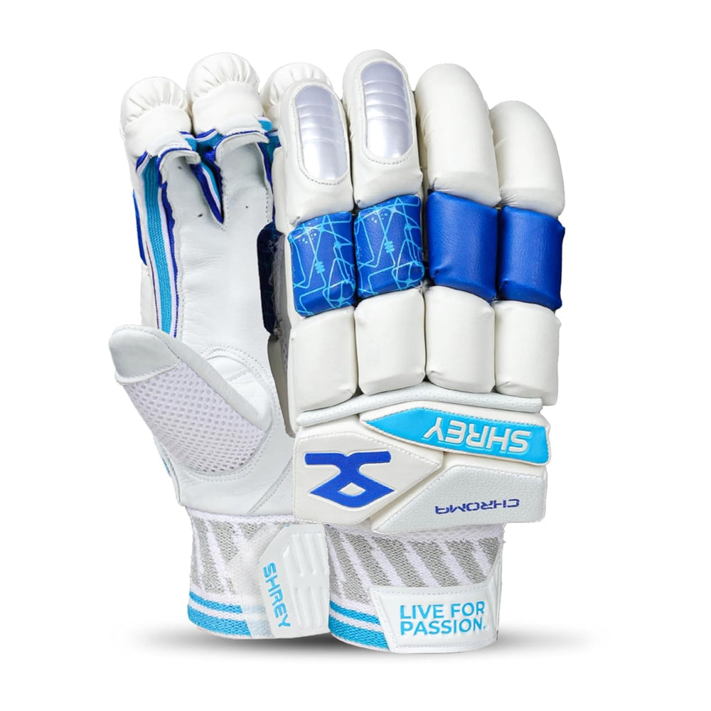 Shrey Chroma Right Hand Batting Gloves, White/Royal Blue | Premium Leather Palm with Multi-Layer Foam Protection & Cut-Finger Flex Design