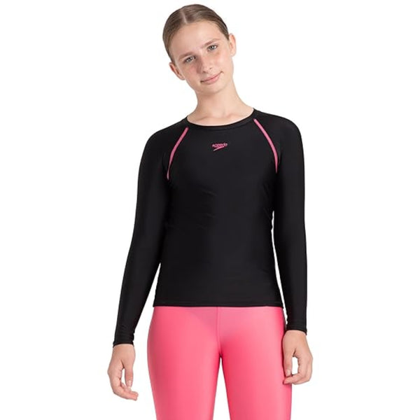 Speedo JF Solid Long Sleeve SunTop Swimming – Girls’ Swim Top with UV Protection