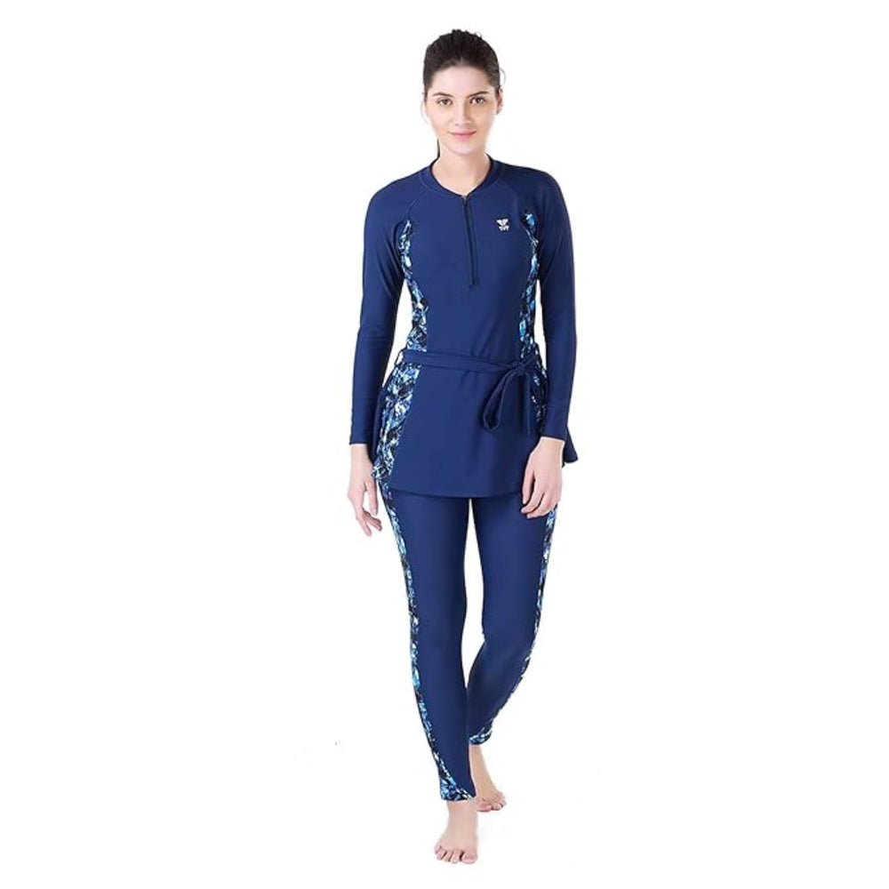 TYR Women’s Swimming Fullsuit Legsuit, Chlorine Resistant Fabric, Training Swimwear with Knee-Length Coverage – H.Navy/Blue/Black