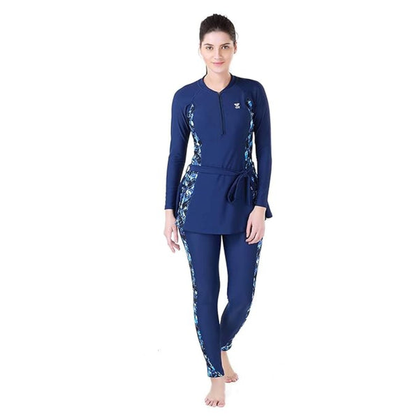 TYR Women’s Swimming Fullsuit Legsuit, Chlorine Resistant Fabric, Training Swimwear with Knee-Length Coverage – H.Navy/Blue/Black