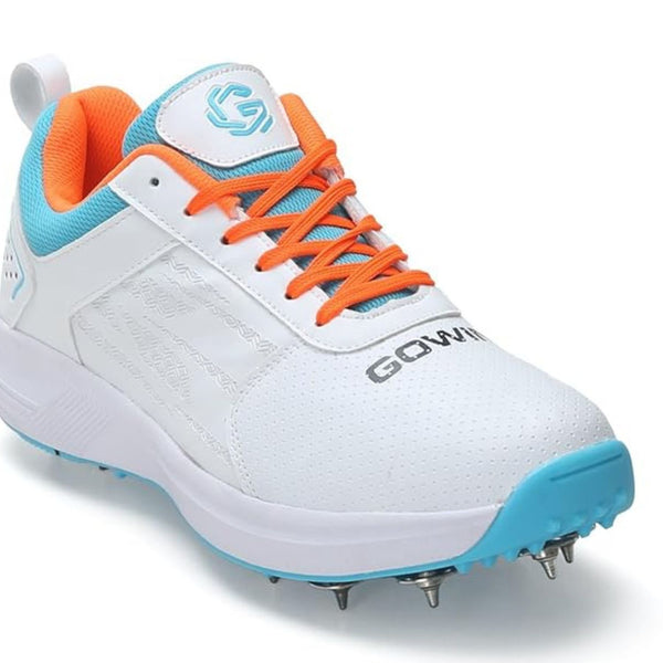 Gowin Tyro Metal Spike Cricket Shoes | Breathable Mesh Upper | Lightweight EVA Midsole | White/Island Blue