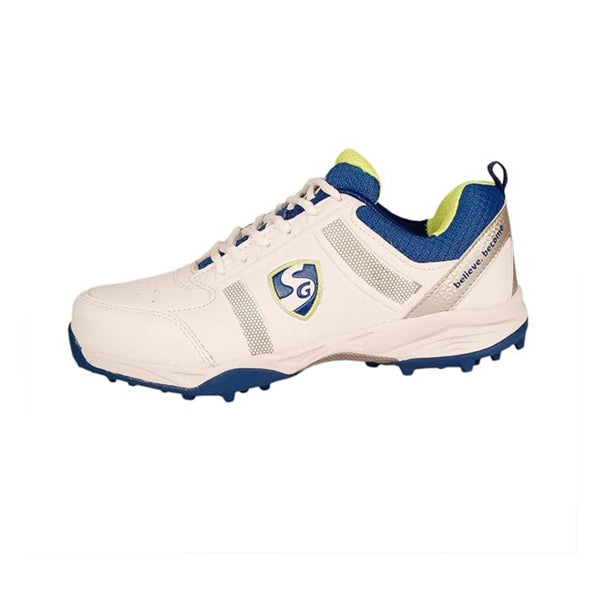 SG Club 4.0 Rubber Spikes Cricket Shoes Rubber – White/Royal Blue/Lime | Durable Grip with Comfort Support for Turf & Hard Ground