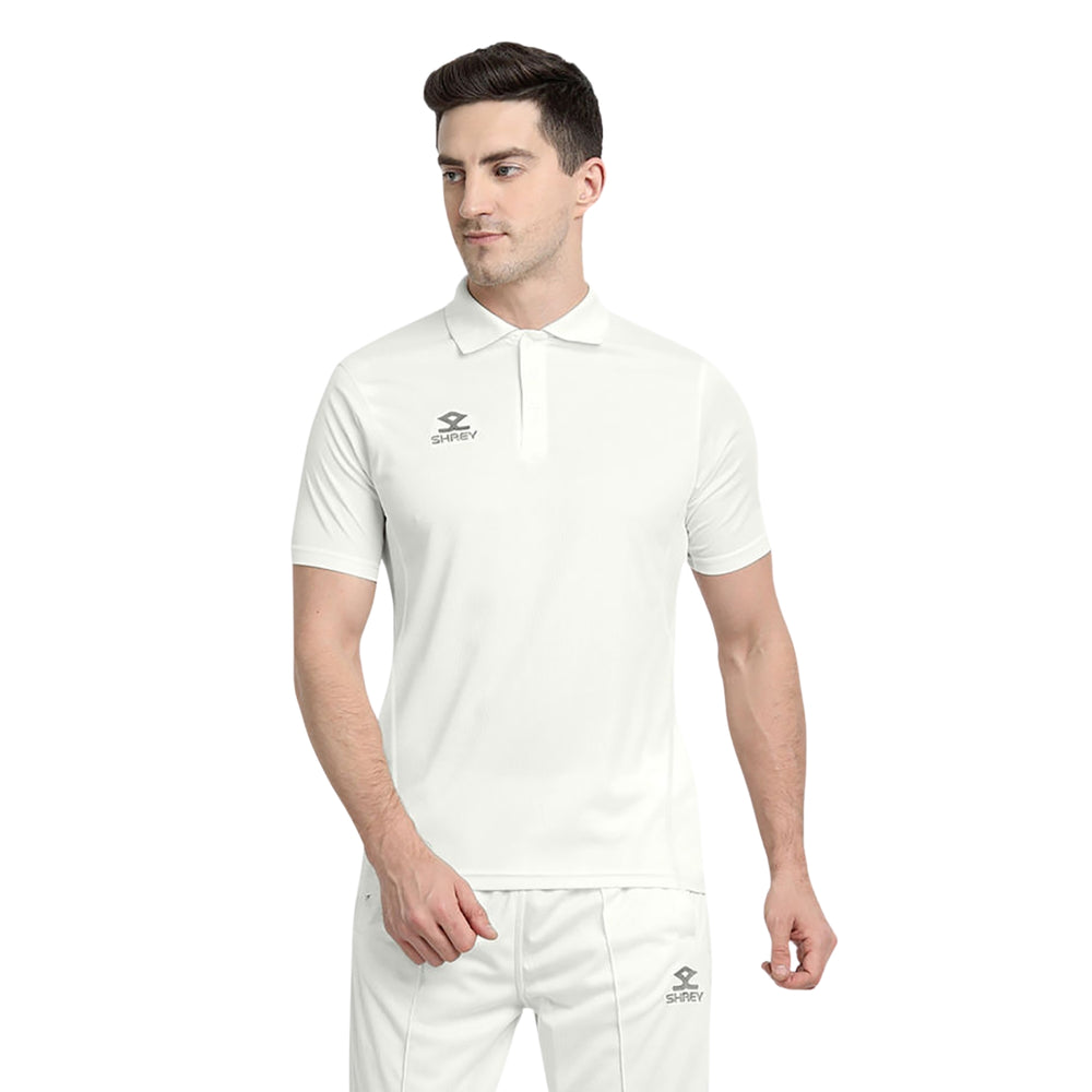 Shrey Match 2.0 Junior Cricket T-Shirt Off-White – Lightweight, Breathable Short Sleeves Sportswear for Kids in Practice, Matches & School Training