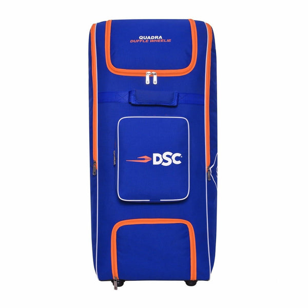 DSC Quadra Duffle Cricket Kit Bag with Wheelie – Royal Blue/Orange, Large Capacity Wheelie Duffle Cricket Gear Bag with Durable Fabric