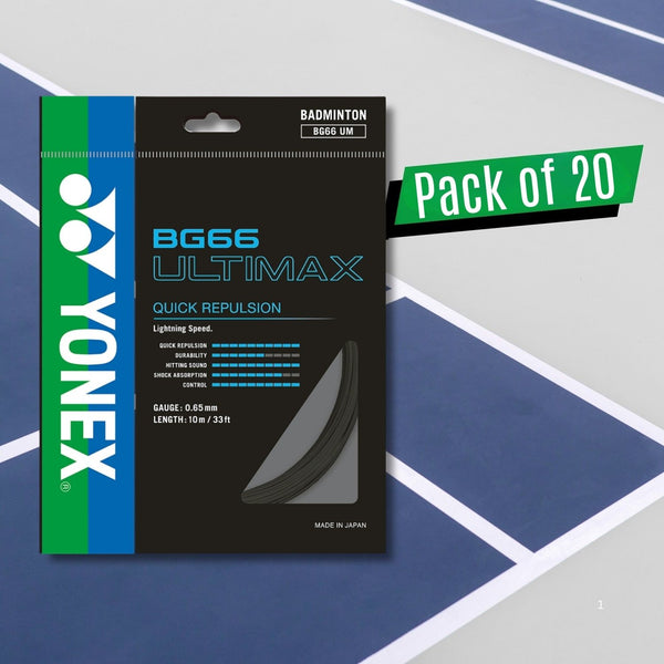 Yonex BG 66 Ultimax Badminton Strings – 0.65mm Gauge, 10m Sets, Pack of 20 ( Ultra-Thin High-Repulsion Control)