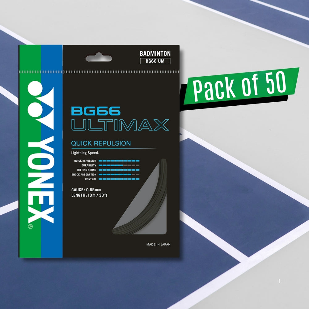 Yonex BG 66 Ultimax Badminton Strings – 0.65mm Gauge, 10m Sets, Pack of 50 (Elite Repulsion & Speed Control)