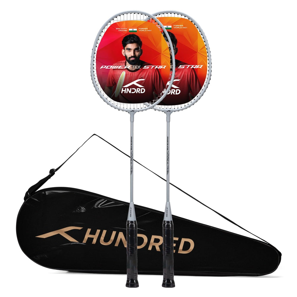 Hundred Powertek Star Strung Badminton Set (Pack of 2 Racquets) | Lightweight Aluminium Frame with Pre-Strung Strings, Full Cover & Shuttlecock Combo for Beginners