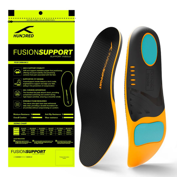 HUNDRED Fusion Support Insoles, Black/Orange/Sea Blue | Orthotic Arch Support Insole with Fusion Gel Cushion & Stability