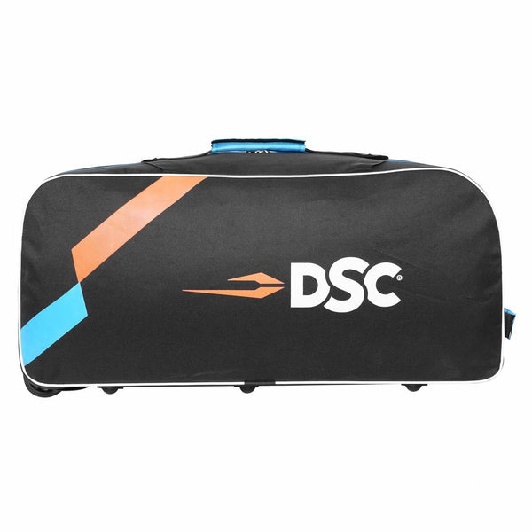 DSC Classic JR Cricket Kit Bag with Wheelie – Black/Blue, Junior Wheelie Cricket Gear Bag with Durable Fabric & Spacious Storage