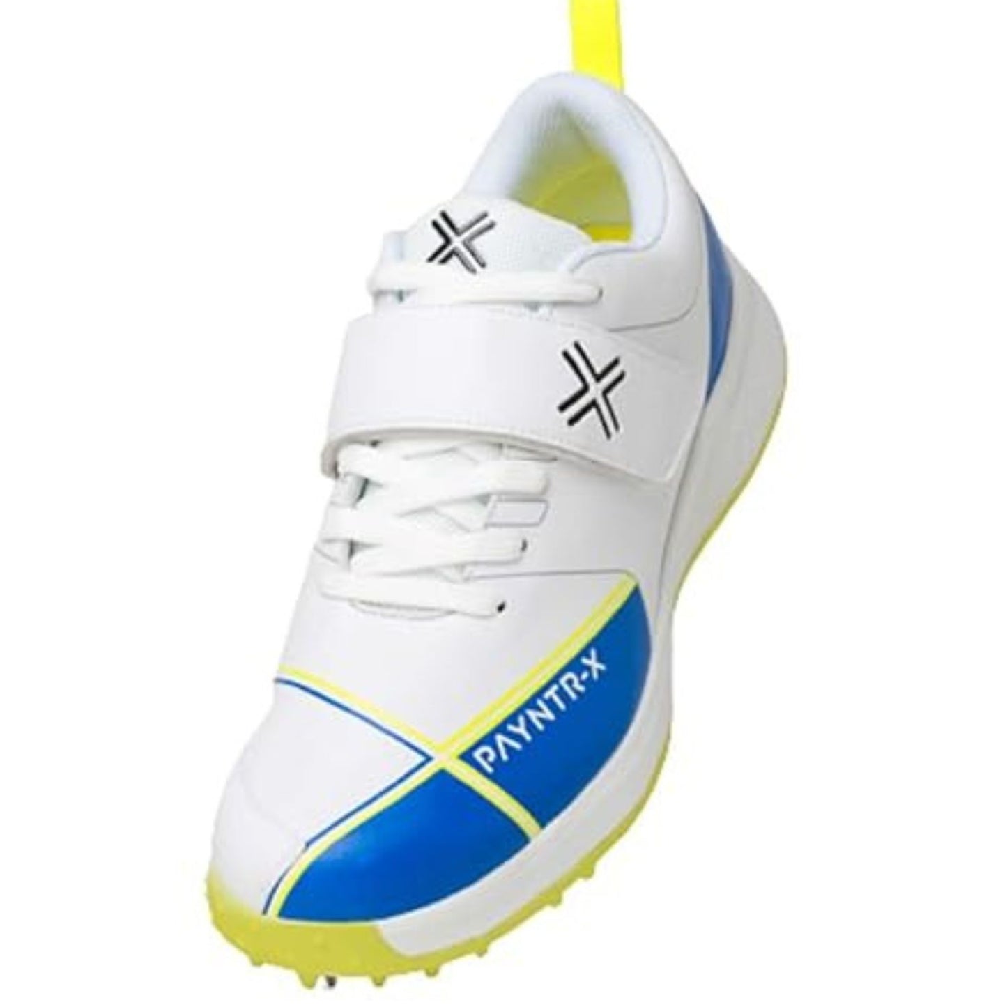 Payntr X Bowling Spike Cricket Shoes – White & Blue | Premium PU Upper, Velcro Strap, 7/4 Spike Formation, EVA Midsole, Reinforced Toe