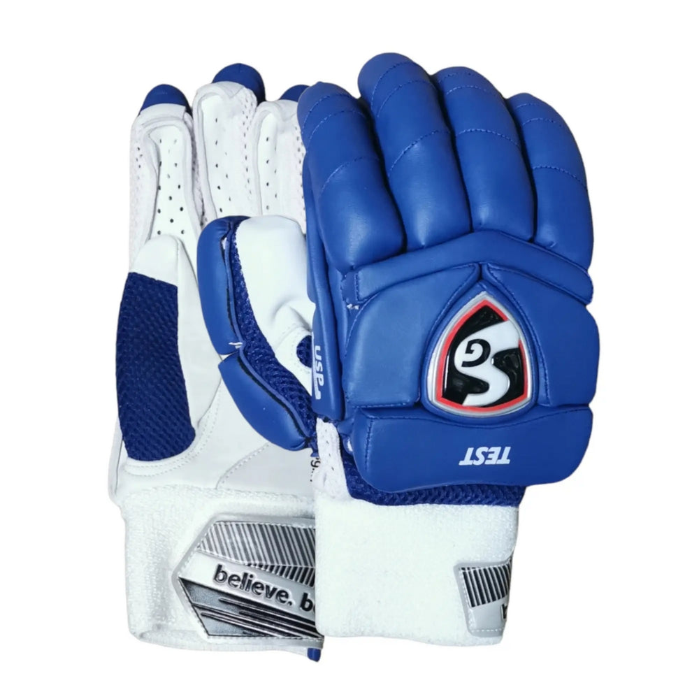 SG TEST Left Hand Batting Gloves – Youth Size, Premium Leather Palm, TPU Finger Protection, Breathable Mesh Back, Blue