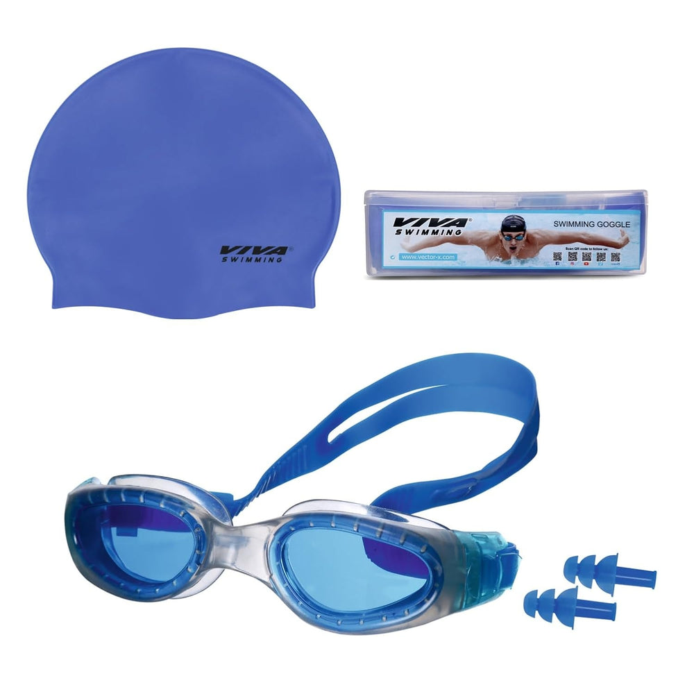 VIVA Sports Junior Swimming Set (Cap + Goggles + Earplugs) | Complete Kids Swim Kit with Anti-Fog Goggles & Silicone Comfort Fit