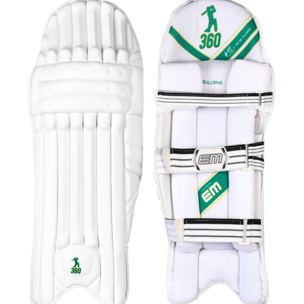 EM 360 Bull Ring Right Hand Cricket Batting Legguard – ABD 360 Bull Ring Hi‑Density Pads with Knee Socket for Right‑Hand Batsmen