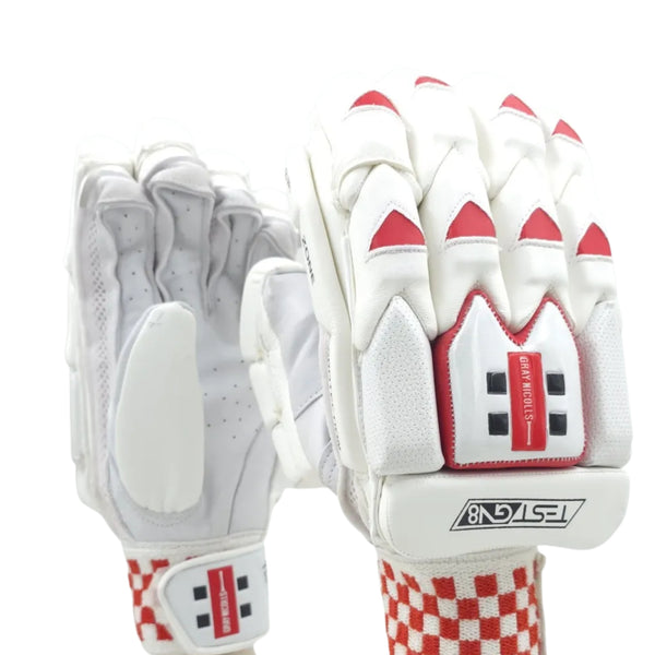 Gray Nicolls GN8 Test Right Hand Batting Gloves – Men’s (White/Red) | Pro-Level Protection with Fibre Shield & Premium Leather Palm