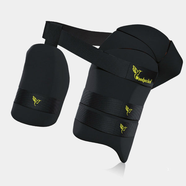 Woodpecker Armour X Right Hand Cricket Thigh Guard Black 3-Strap Lightweight Extra Hip Protection Lycra Polyester