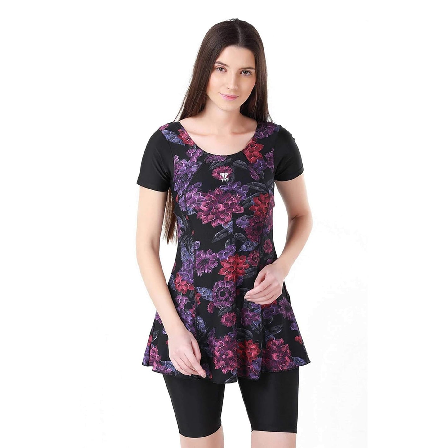 TYR Primrose Women Swimming Frocksuit, Black/Purple | Elegant Swimdress with Comfortable Fit & Chlorine-Resistant Fabric - Best Price online Prokicksports.com