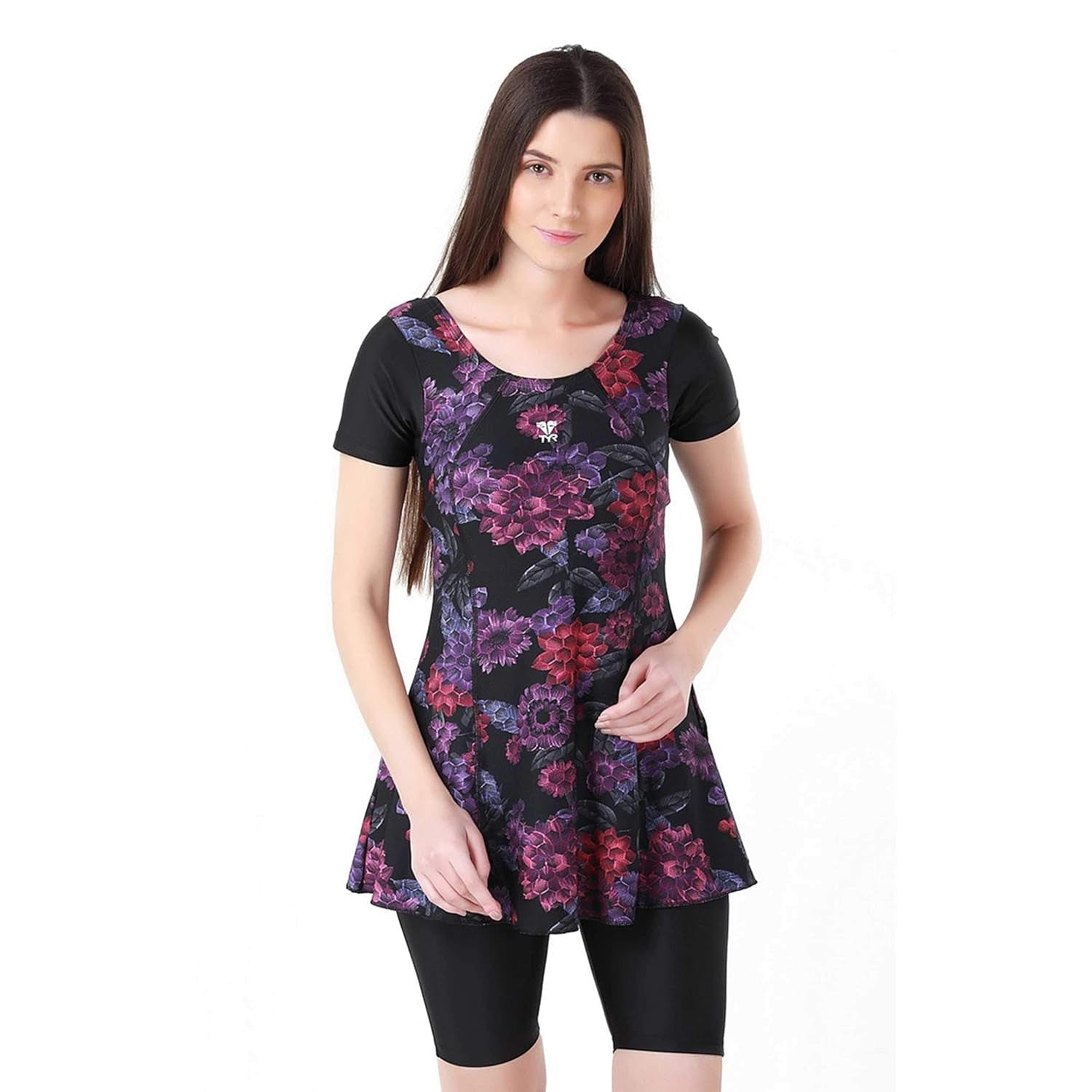 TYR Primrose Women Swimming Frocksuit, Black/Purple | Elegant Swimdress with Comfortable Fit & Chlorine-Resistant Fabric - Best Price online Prokicksports.com