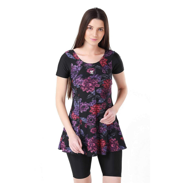 TYR Primrose Women Swimming Frocksuit, Black/Purple | Elegant Swimdress with Comfortable Fit & Chlorine-Resistant Fabric