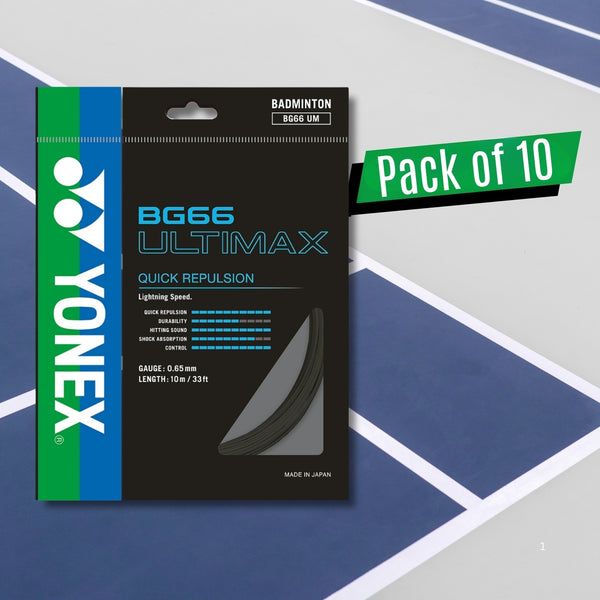 Yonex BG 66 Ultimax Badminton Strings – 0.65mm Gauge, 10m Sets, Pack of 10 (High-Repulsion Control String for Elite Play)