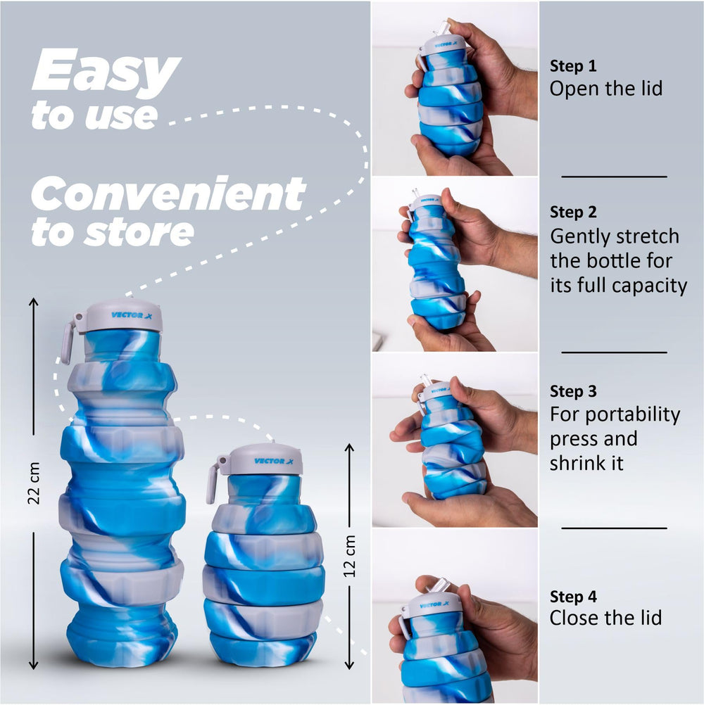 Vector X 500ML Foldable Silicone Water Bottle | Leak-Proof Cap with Lobster Hook | Ultra-Lightweight & Compact Hydration Bottle - Best Price online Prokicksports.com