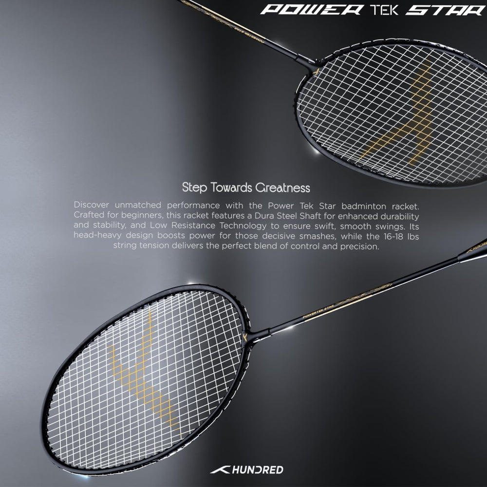 Hundred Powertek Star Strung Badminton Set (Pack of 2 Racquets) | Lightweight Aluminium Frame with Pre-Strung Strings, Full Cover & Shuttlecock Combo for Beginners - Best Price online Prokicksports.com