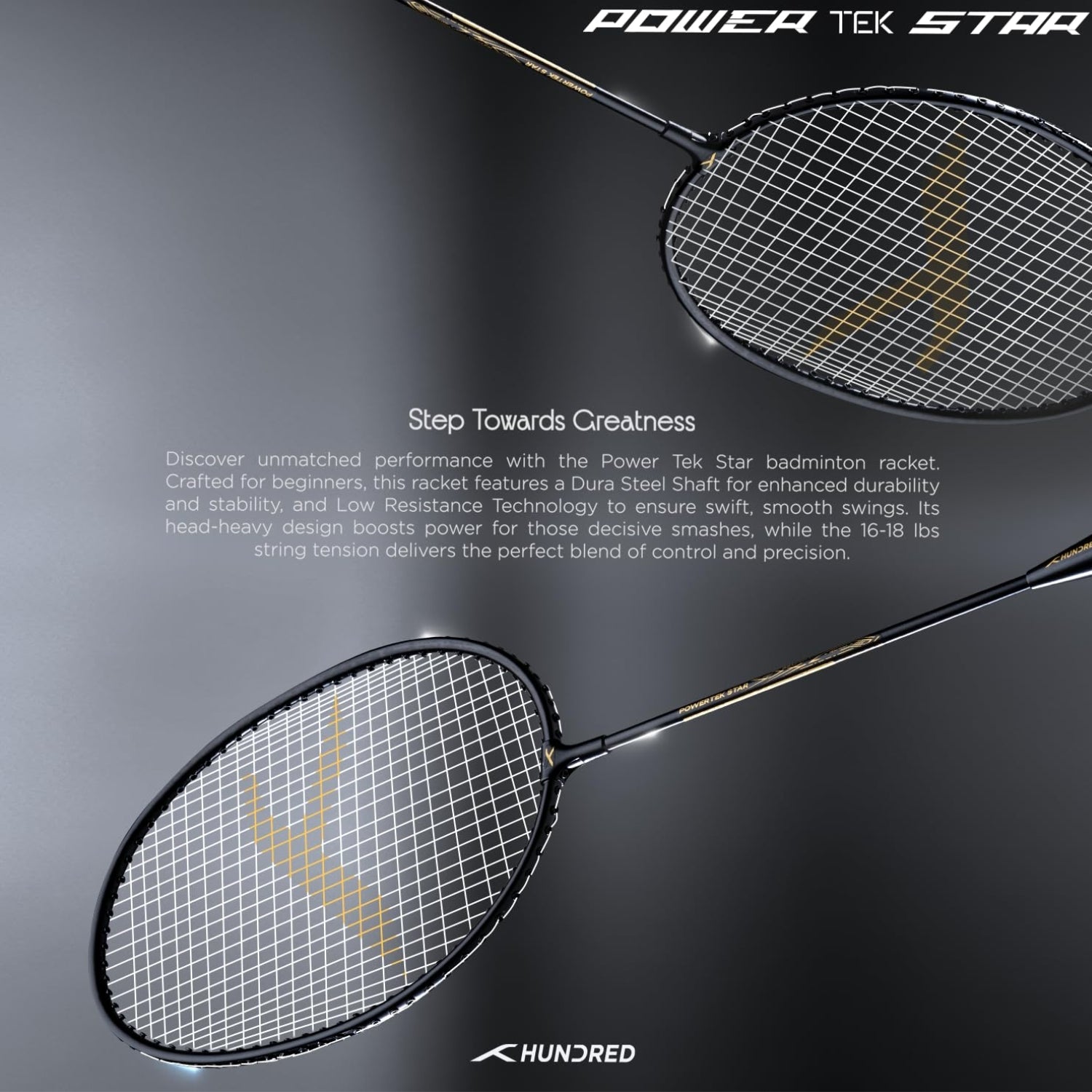 Hundred Powertek Star Strung Badminton Set (Pack of 2 Racquets) | Lightweight Aluminium Frame with Pre-Strung Strings, Full Cover & Shuttlecock Combo for Beginners - Best Price online Prokicksports.com