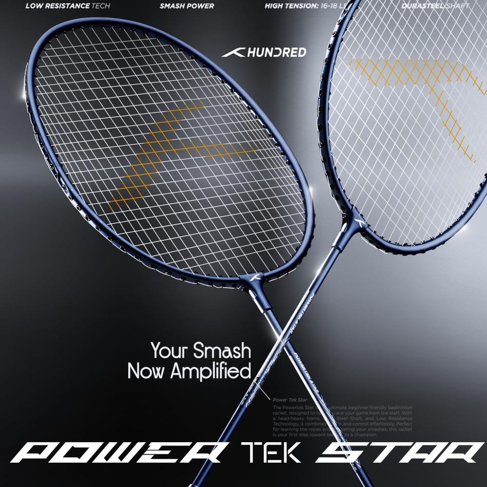 Hundred Powertek Star Strung Badminton Set (Pack of 2 Racquets) | Lightweight Aluminium Frame with Pre-Strung Strings, Full Cover & Shuttlecock Combo for Beginners