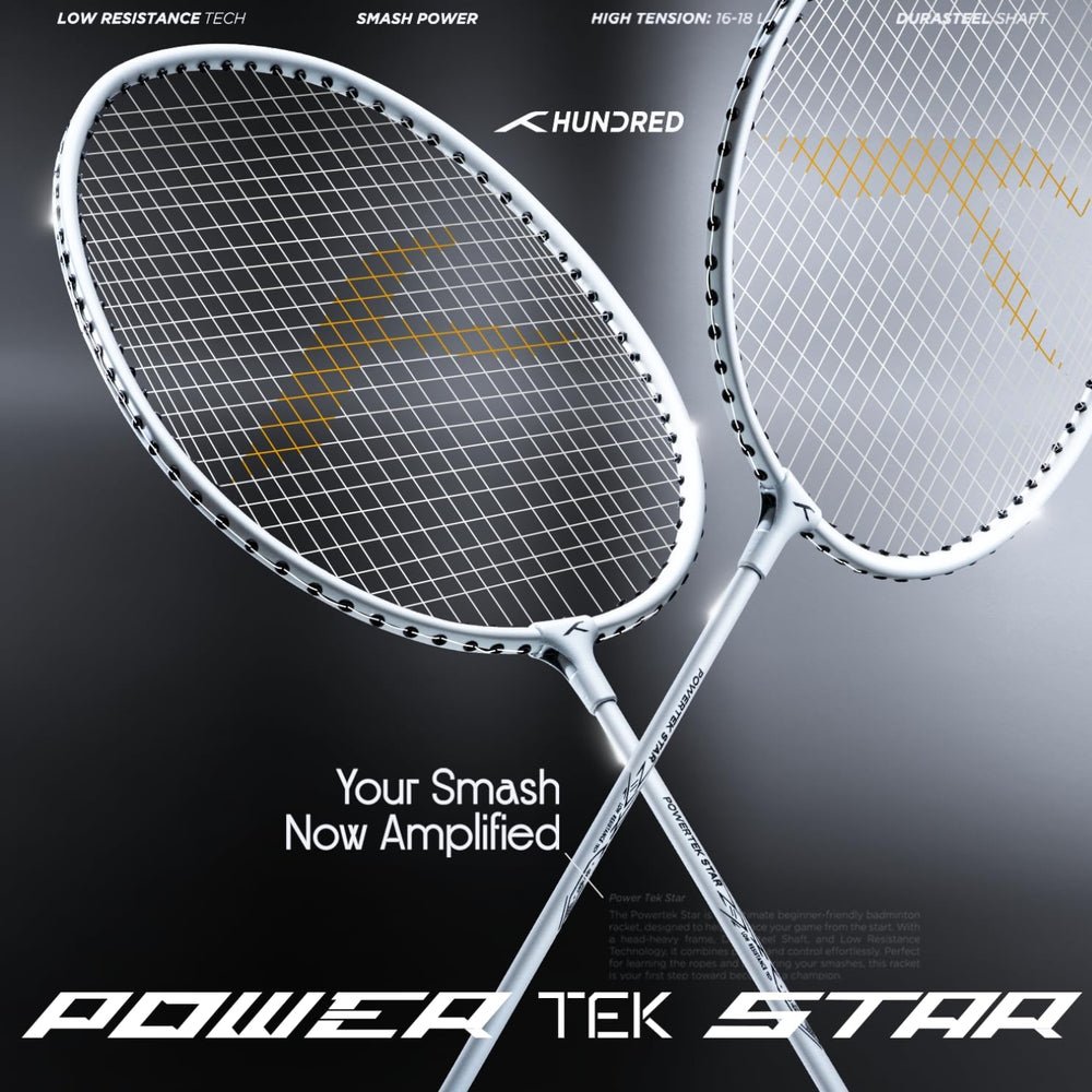 Hundred Powertek Star Strung Badminton Set (Pack of 2 Racquets) | Lightweight Aluminium Frame with Pre-Strung Strings, Full Cover & Shuttlecock Combo for Beginners - Best Price online Prokicksports.com