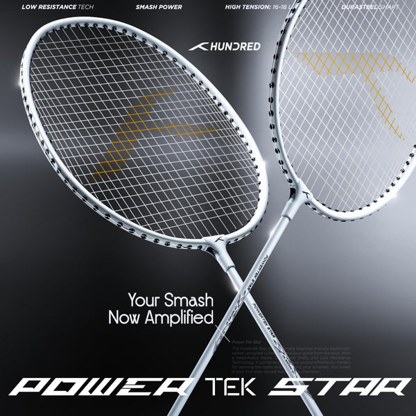Hundred Powertek Star Strung Badminton Set (Pack of 2 Racquets) | Lightweight Aluminium Frame with Pre-Strung Strings, Full Cover & Shuttlecock Combo for Beginners