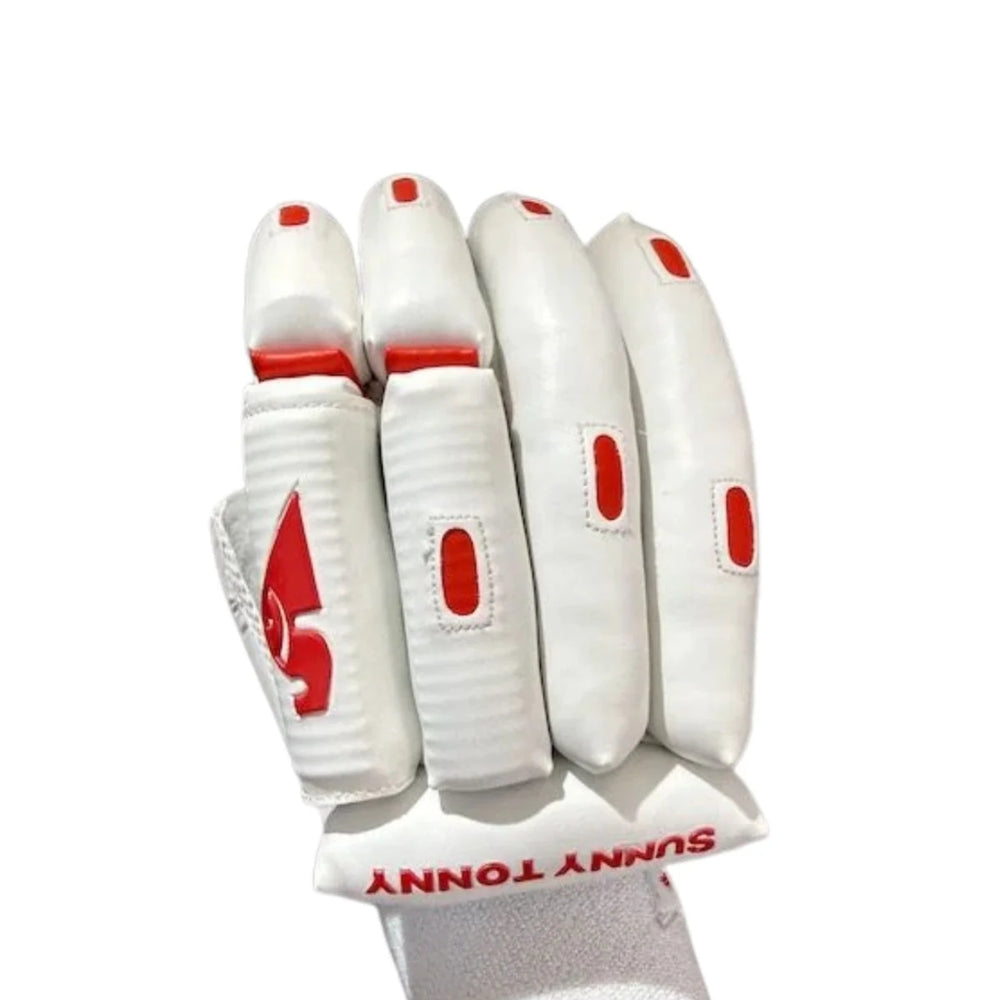 SG Sunny Tonny Icon Right Hand Batting Gloves, White/Red | Premium Leather Palm with High-Density Foam Protection & Pre-Curved Finger Design - Best Price online Prokicksports.com