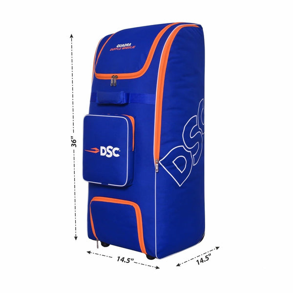 DSC Quadra Duffle Cricket Kit Bag with Wheelie – Royal Blue/Orange, Large Capacity Wheelie Duffle Cricket Gear Bag with Durable Fabric