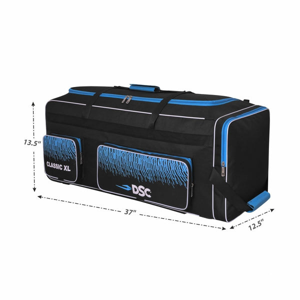 DSC Classic XL Cricket Kit Bag with Wheelie – Black/Blue, Extra Large Capacity Wheelie Cricket Gear Bag with Durable Fabric & Multiple Compartments