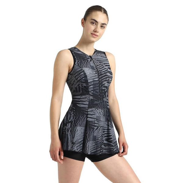 Speedo Women Endurance10 Hyperboom Printed Racerback Swimdress With Boyleg – Black & Oxid Grey