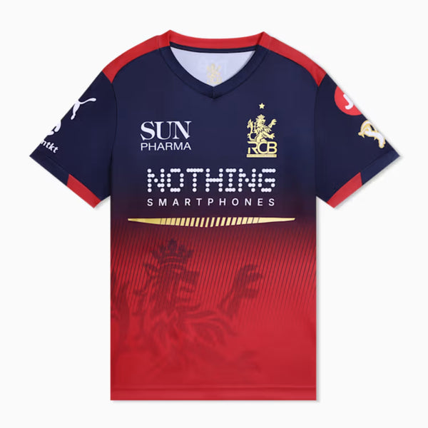 PUMA RCB Replica Jersey 2026 V-Neck T-Shirt for Men | dryCELL Sweat-Wicking Fabric with Lightweight Interlock Knit & Official Team Crest, Navy/Flame Scarlet