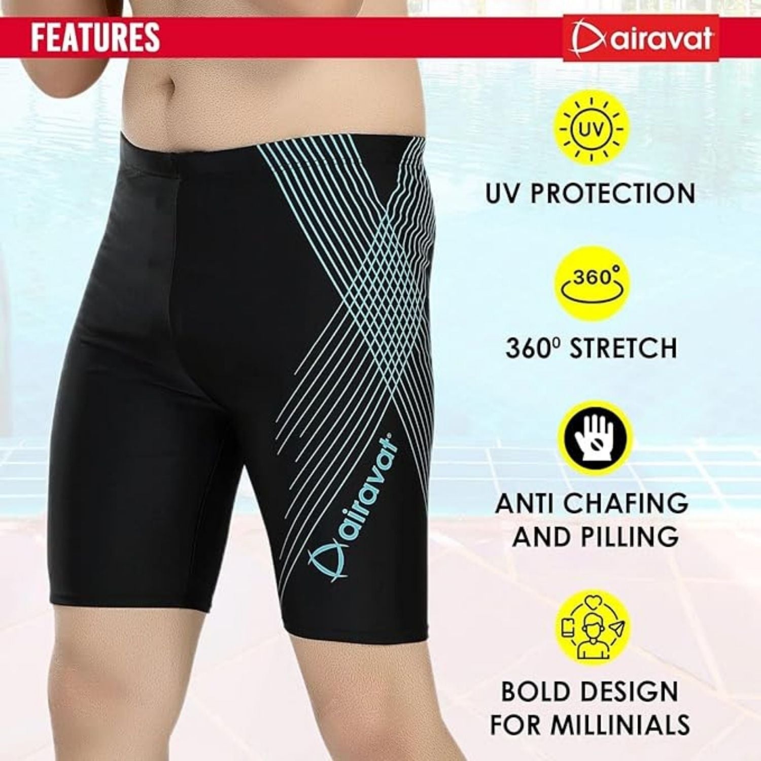 Airavat Surf 1505 Men's Swimming Jammer – Polyester, 360° Stretch, UV Protection, Anti-Chafe, Chlorine Resistant - Best Price online Prokicksports.com