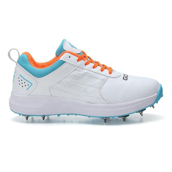 Gowin Tyro Metal Spike Cricket Shoes | Breathable Mesh Upper | Lightweight EVA Midsole | White/Island Blue