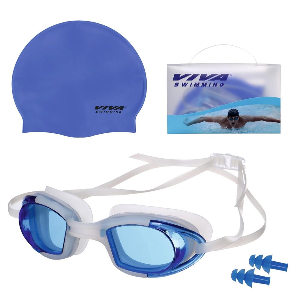 VIVA Sports Junior Swimming Set (Cap + Goggles + Earplugs) | Complete Kids Swim Kit with Anti-Fog Goggles & Silicone Comfort Fit - Best Price online Prokicksports.com