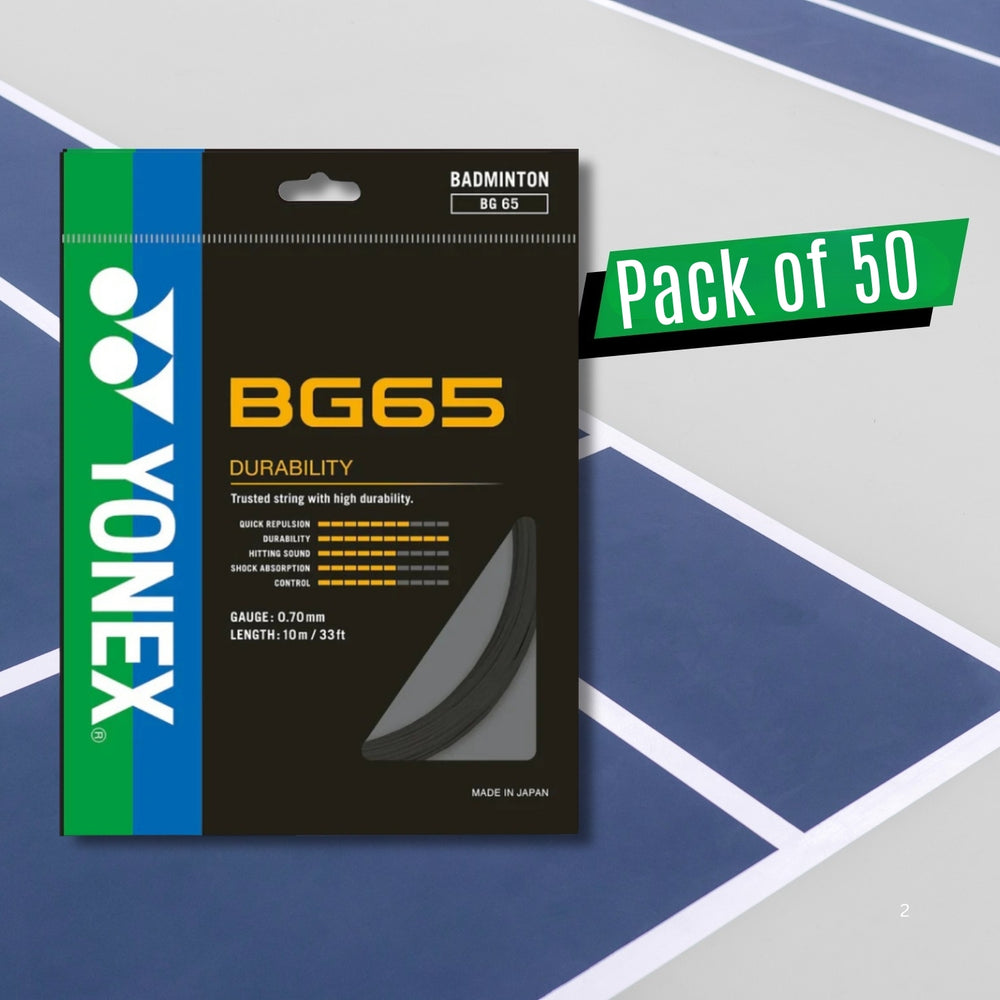 Yonex BG 65 Badminton Strings – 0.70mm Gauge, 10m Sets, Pack of 50 (High-Durability All-Round String) - Best Price online Prokicksports.com