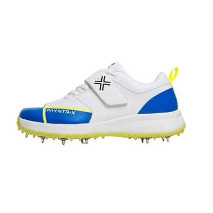 Payntr X Bowling Spike Cricket Shoes – White & Blue | Premium PU Upper, Velcro Strap, 7/4 Spike Formation, EVA Midsole, Reinforced Toe