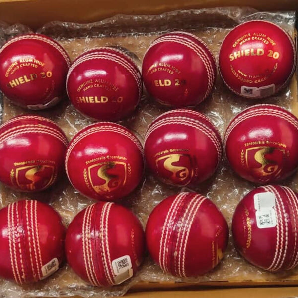 SG Shield 20 Cricket Leather Ball, Red – Pack of 6, Senior 5½ oz, Alum‑Tanned Waterproof 2‑Piece Club & School Match Balls