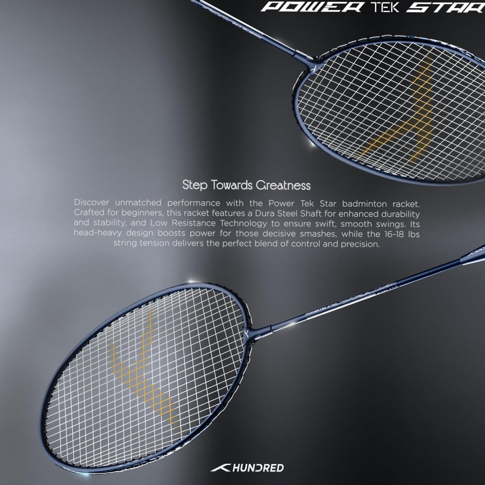Hundred Powertek Star Strung Badminton Set (Pack of 2 Racquets) | Lightweight Aluminium Frame with Pre-Strung Strings, Full Cover & Shuttlecock Combo for Beginners