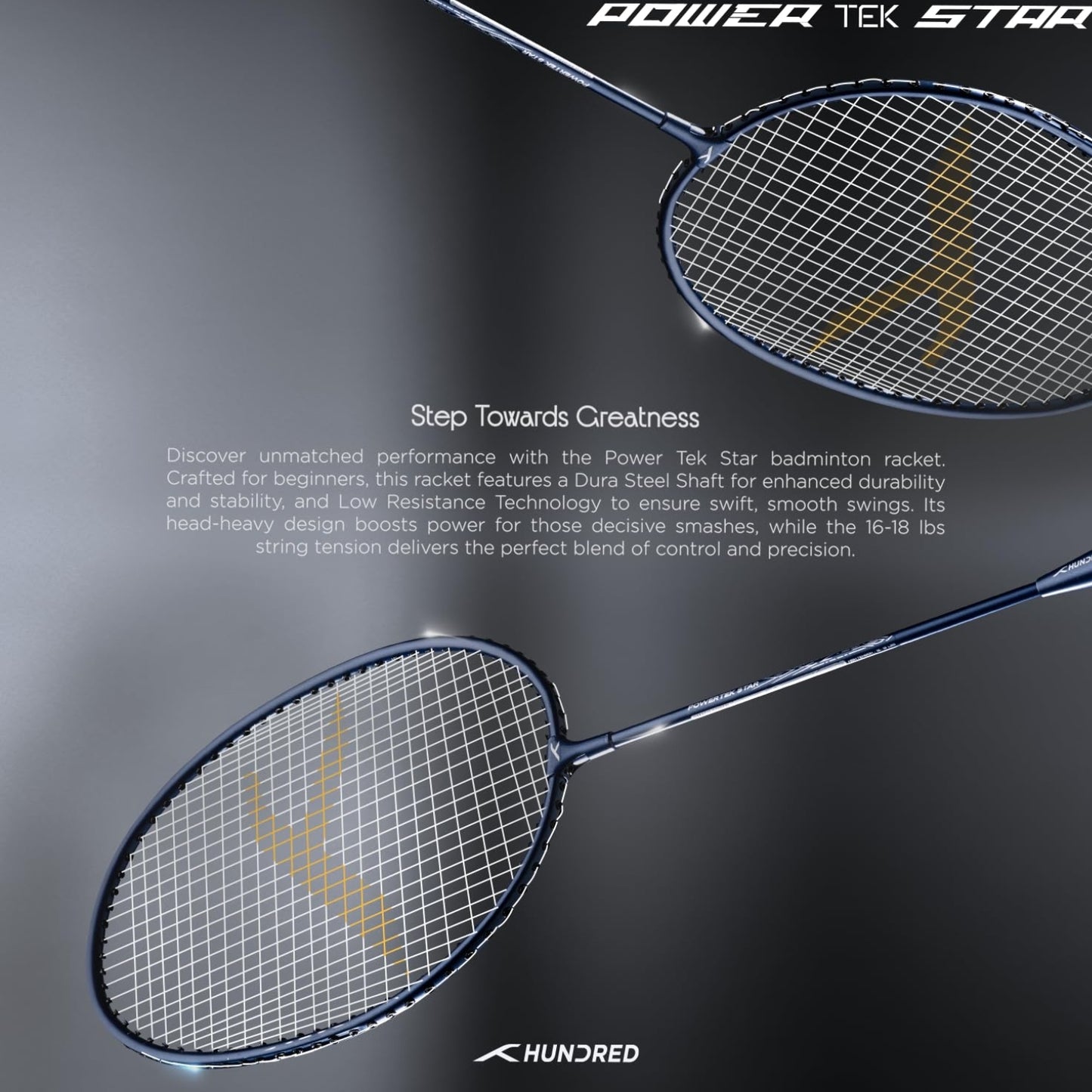 Hundred Powertek Star Strung Badminton Set (Pack of 2 Racquets) | Lightweight Aluminium Frame with Pre-Strung Strings, Full Cover & Shuttlecock Combo for Beginners