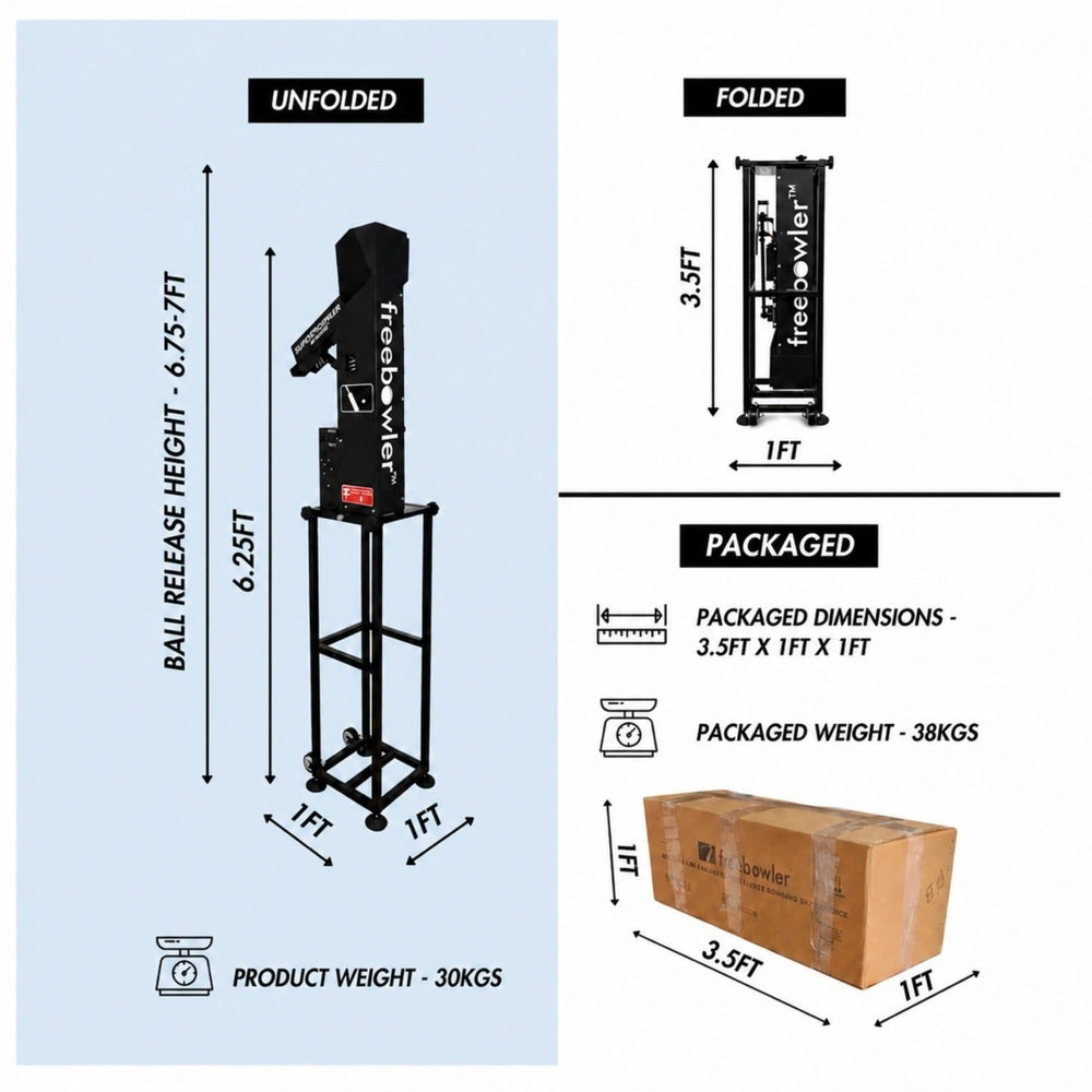 Freebowler Superthrower Automated Pro FS2 PRO PLUS Arm Simulated Portable Cricket Bowling Machine Auto Feeder Speed Control Line Length Adjustable Battery Backup - Best Price online Prokicksports.com